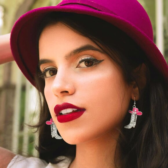 Glitter Rhinestone Cowgirl Earrings for Women, Western Howdy Letter Dangle Boot - Picture 2 of 8